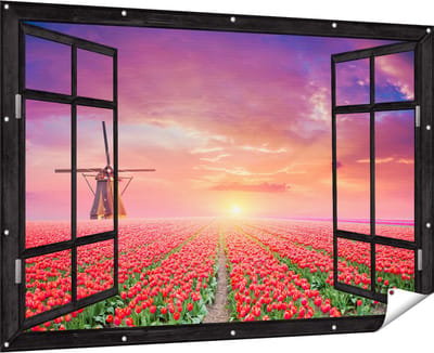 Gards Tuinposter Doorkijk Rode Rozen Bloemenveld met een Windmolen - 180x120 cm - Tuindoek - Tuindecoratie - Wanddecoratie buiten - Tuinschilderij