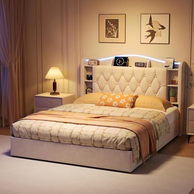 Gestoffeerd tweepersoonsbed - Opklapbed met opbergruimte - Moderne slaapkamer - Geïntegreerde LED en USB - 140x200 cm - Beige