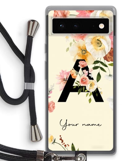 Gepersonaliseerd - Case Company® - Hoesje met koord geschikt voor Google Pixel 6 hoesje met Koord - Flirty Flowers Monogram - Telefoonhoesje met Zwart Koord - Bescherming aan alle Kanten en Over de Schermrand