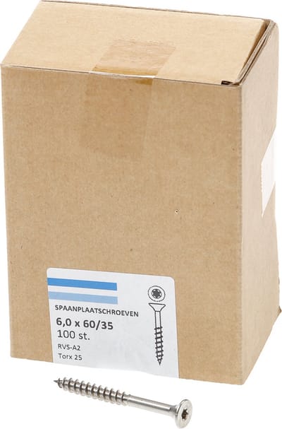 Hoenderdaal Spaanplaatschroef RVS platverzonken kop TX25 deeldraad 6.0X60/35 (per 100 stuks)