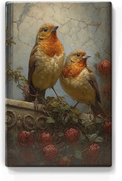 Twee fantasie roodborstjes - Handgelakt - 19,5 x 30 cm - Niet van echt te onderscheiden schilderijtje op hout - Mooier dan een print op canvas - Laqueprint.