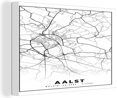 Canvas Schilderij Stadskaart – Plattegrond – België – Zwart Wit – Aalst – Kaart - 30x20 cm - Wanddecoratie