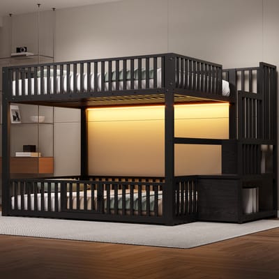 Stapelbed - 140x200 - Stapelbed Met Opbergladder LED - ruimtebesparend ontwerp - Materiaal Onbekend - Zwart