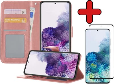 Hoesje - Met Screenprotector - Geschikt voor Samsung Galaxy S20 - Luxe Pasjeshouder - Flipcase - Bookcase Portemonee - Flip Case - Kunstleer Book Case - Book Cover - Walletcase - Portemonneehoes - Telefoonhoes - Rosé goud