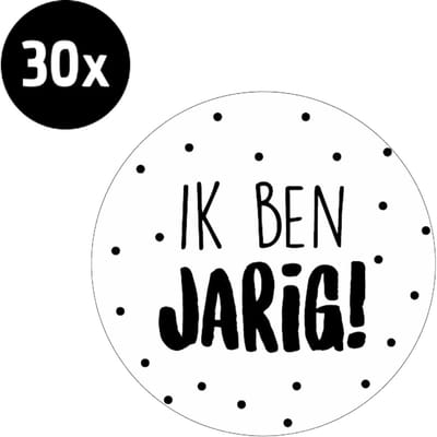 30x Sticker Ik Ben Jarig - Zwart - Wit - Sluitsticker - Sluitzegel - Feeststicker Presentje - Enveloppe - Cadeau - Gift - Cadeauzakje - Traktatie - Leuk inpakken - Sticker - 40mm - 30 Stuks