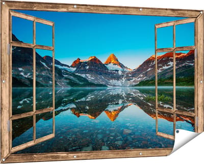 Gards Tuinposter Doorkijk Berg Assiniboine bij het Meer in Canada - 150x100 cm - Tuindoek - Tuindecoratie - Wanddecoratie buiten - Tuinschilderij