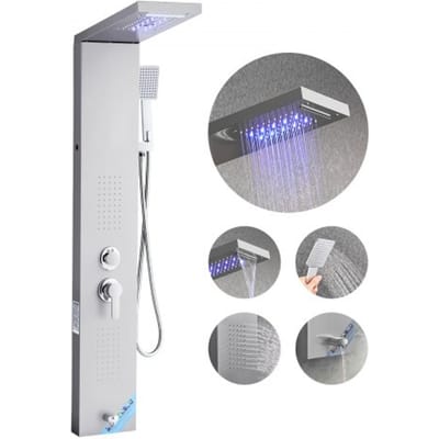 VEVOR Douchepaneeltorensysteem (5 standen) met regendouchekop en LED-verlichting, (1345 mm) Douchekolom van geborsteld roestvrij staal, wandgemonteerd regenmassagesysteem, met handdouche en baduitloop