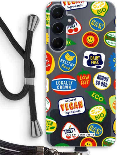 Case Company® - Hoesje met koord geschikt voor Samsung Galaxy A55 hoesje met Koord - Fruitsticker - Telefoonhoesje met Zwart Koord - Bescherming aan alle Kanten en Over de Schermrand