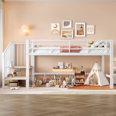 Halfhoog bed 90x200 - hoogslaper met opbergruimte - wit metalen kinderbed - geïntegreerde opbergtreden - 79,5 cm bodemvrijheid - voor de kinderkamer