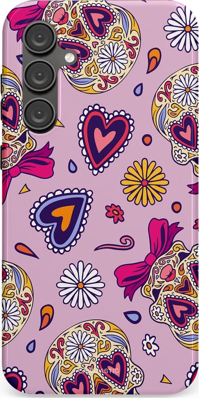 Casetastic hoesje geschikt voor Samsung Galaxy S23 FE - Dubbellaagse bescherming - Dia de los Muertos Doodshoofd Strik - Fashion Case - Lichtroze Lila Taupe Zilver