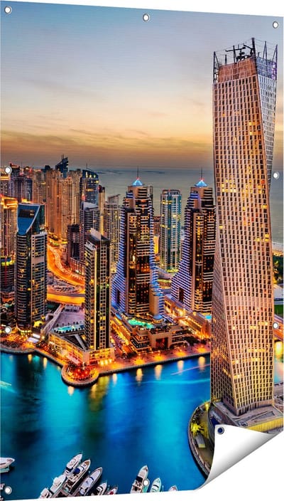 Gards Tuinposter Dubai Haven met de Stad - 80x120 cm - Tuindoek - Tuindecoratie - Wanddecoratie buiten - Tuinschilderij
