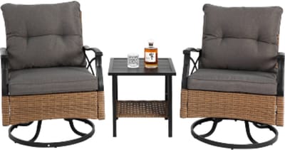 Buiten draaibare schommelstoelen set 3-delige met 1 tafel en 2 schommelstoelen, ondersteuning 350 lbs, bruin rieten buitenmeubelen, patio gespreksset