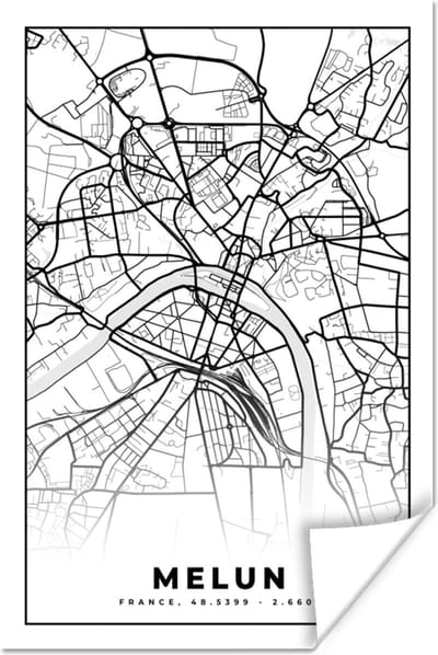 Poster Frankrijk - Stadskaart - Plattegrond - Kaart - Melun - Zwart wit - 120x180 cm XXL