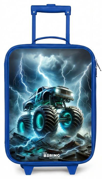 NoBoringSuitcases.com® - Kinderkoffer blauw - Kindertrolley jongen - Thunder Wheels - Koffer kind lichtgewicht - Reiskoffer trolley voor kinderen - Koffertje met lichtgevende wieltjes - Rolkoffer
