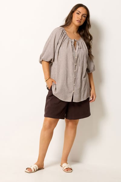 Yours Bruine Blouse Met Strepen En Strikdetail Aan De Voorkant Size 42