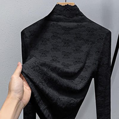 T-shirt de base à col montant pour femme, chemise en dentelle crochetée, couche intérieure chaude avec haut en velours épais 3XL noir