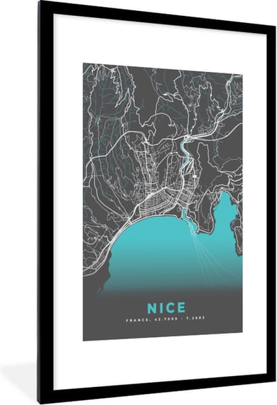Fotolijst incl. Poster - Kaart - Plattegrond - Nice - Frankrijk - Stadskaart - 80x120 cm - Posterlijst