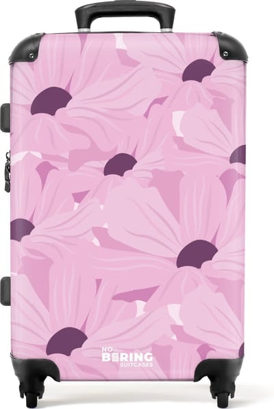 NoBoringSuitcases.com® - Koffer groot - Rolkoffer lichtgewicht - Roze met paarse bloemen - Reiskoffer met 4 wielen - Grote trolley XL - 20 kg bagage