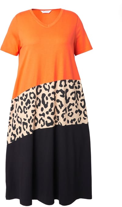 MIAMODA - Dames - Jurk A-lijn colorblocking met dierenprint - Mandarijn - Maat 50