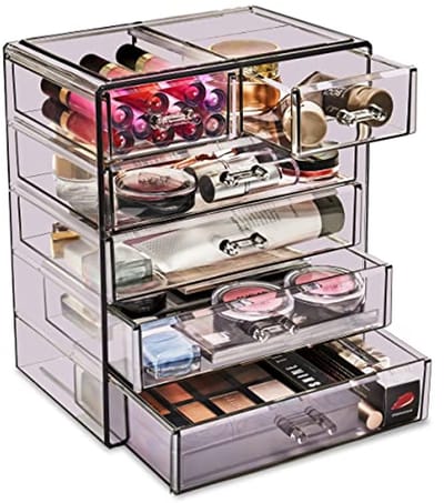 Grote Paarse Make-up en Juwelen Opbergdoos met 4 Grote en 2 Kleine Lades - Stijlvolle Acryl Organizer voor Badkamer en Vanities