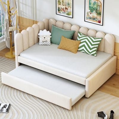 DESMIU Gestoffeerd Slaapbankbed 140x200 Cm – L-Vormig Logeerbed Met Uitschuifbed – Voor Hoek En Wand – Fluwelen Stoffering – Beige – Zonder Matras