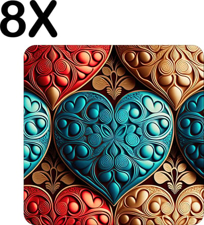 Luxe Placemat - Gekleurde Harten - Set van 8 Placemats - 50x50 cm - 2 mm dik Vinyl - Anti Slip - Afneembaar