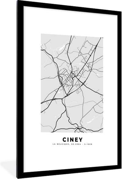 Fotolijst incl. Poster Zwart Wit- Stadskaart – Zwart Wit - Kaart – Ciney – België – Plattegrond - 60x90 cm - Posterlijst