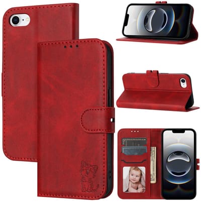 Luxe BookCover Hoes Etui geschikt voor Apple iPhone 16e - Cartoon Cat - Rood - Reliëf
