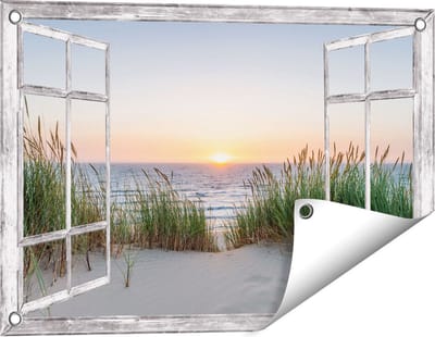 Gards Tuinposter Doorkijk Zee vanuit Duinen met Zonsondergang - 60x40 cm - Tuindoek - Tuindecoratie - Wanddecoratie buiten - Tuinschilderij