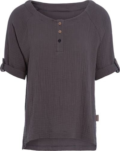 Knit Factory Nena Top - Shirt voor het voorjaar en de zomer - Dames Top - Dames shirt - Zomertop - Zomershirt - Ruime pasvorm - Duurzaam & milieuvriendelijk - Opgerolde mouw - Antraciet - Donkergrijs - S - 100% Biologisch katoen