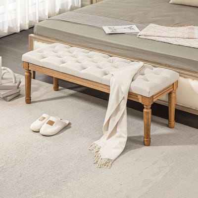 STILVORA Bedbank 120 x 41 x 48 cm - Gepolsterde Zitbank Met Knopen En Houten Poten - Voor Slaapkamer, Woonkamer En Hal - Crèmewit