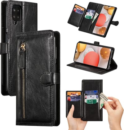 Bookcase Hoesje Geschikt voor: Samsung Galaxy A22 4G met ritssluiting - Flipcover - Magnetisch - 5 kaarten houder - Zwart