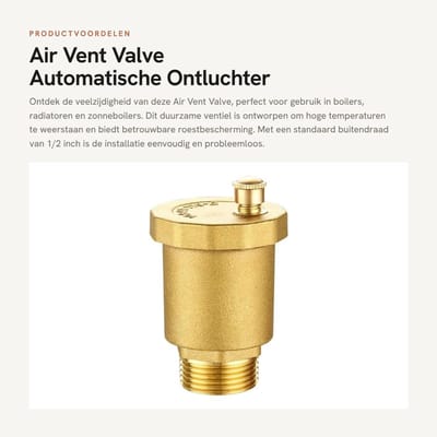 Dailygoods- Ontluchterventiel Hoge Temperatuur - Messing - Automatische Klep - Buitendraad - Corrosiebestendig - Eenvoudig te Installeren - Luchtventiel