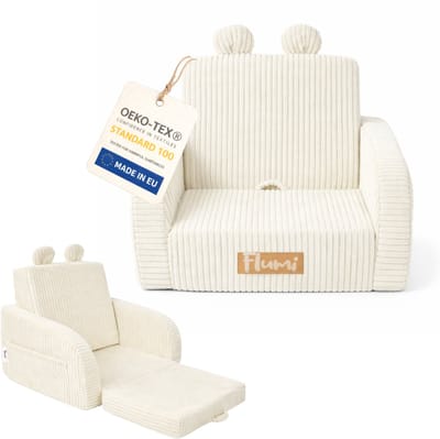 Flumi - 2 in 1 Uitschuifbare Kinderfauteuil - Schuimconstructie - Afneembare Wasbare Hoes - Corduroy Stof - Met Zijvakken - Lichtcrème