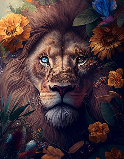AI - Woondecoratie - Poster - Dieren - Leeuw - Bloemen en jungle - 6 - 30 x 40 cm