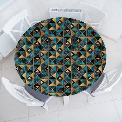 New Bed Mozaïek Geometrische Driehoeken Modern Rekbare Ronde Tafellaken, Elastische Stof Tafelhoes rondom 91 cm - 102 cm Diameter
