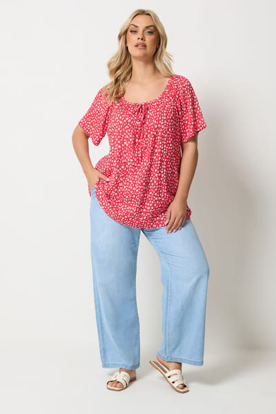 Yours Rode Blouse Met Bloemenprint, Korte Mouwen En Fijne Plooien Size 42