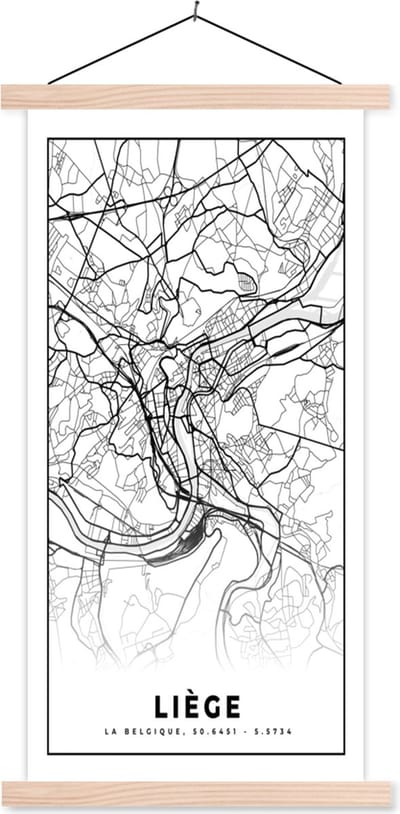 Posterhanger incl. Poster 60x120 cm - Schoolplaat - België – Luik – Stadskaart – Kaart – Zwart Wit – Plattegrond - Textielposter - Blanke latten - Stadskaart
