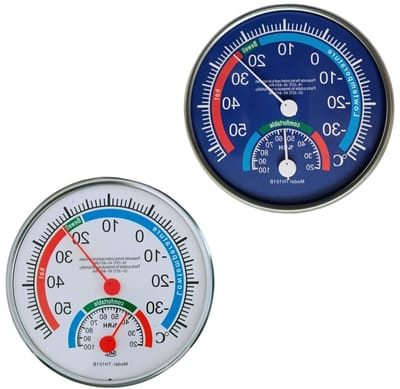 Set van 2 Analoge Thermo-Hygrometers voor Binnen en Buiten - Temperatuur en Vochtigheid Meter voor Thuis, Slaapkamer, Kantoor en Kas (Blauw, Wit)