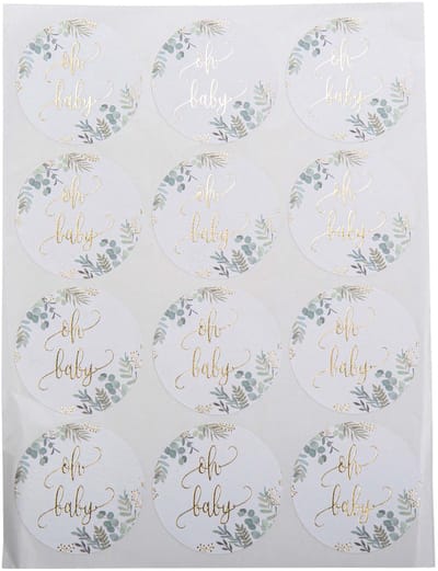 ARTYFETES - 24 ronde stickers Oh Baby plantaardig en goud 5 cm
