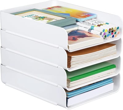 Opbergmand met 4 verdiepingen voor A4 documenten in wit - Stapelbare bureau-organizer voor thuis, kantoor en school