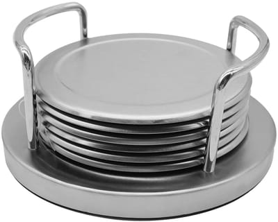 Dailygoods- Onderzetters Roestvrij Staal - Onderzetters met Houder - Ronde Onderzetters - 6 Stuks - Dikke Onderzetters - Zilver - Coaster