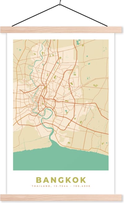 Posterhanger incl. Poster 40x60 cm - Schoolplaat - Bangkok - Plattegrond - Vintage - Stadskaart - Kaart - Textielposter - Blanke latten - Stadskaart