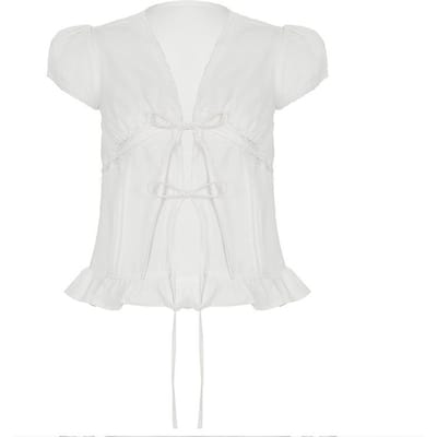 Geplooide Pofmouw Vetershirt Dames Wit Kant Los Skinny Top L