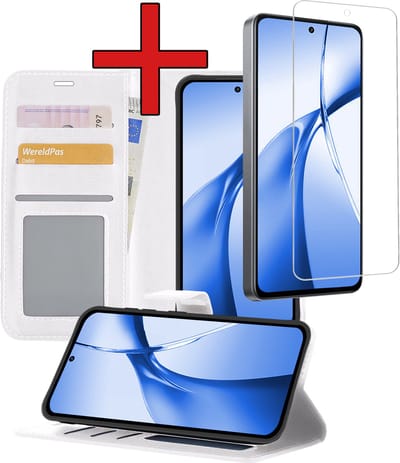 Hoesje - Met Screenprotector - Geschikt voor OnePlus Nord CE4 - Luxe Pasjeshouder - Flipcase - Bookcase Portemonee - Flip Case - Kunstleer Book Case - Book Cover - Walletcase - Portemonneehoes - Telefoonhoes - Wit