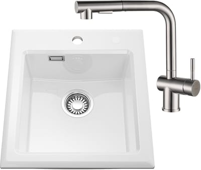 CECIPA Max Spoelbak Wit 45x50CM - Keramische Spoelbakken Keuken - Enkele Spoelbak Met Keukenmengkraan - Spoelbakken Incl. Sifon en Afvoerzeefje
