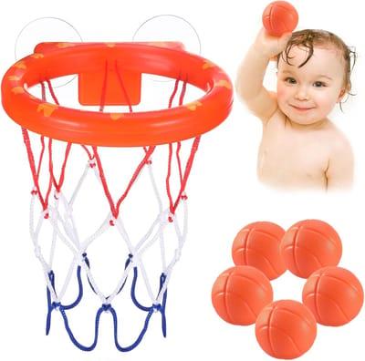 Bad Basketbal Hoop Speelgoed Set met 5 Mini Zachte Basketbal Ballen - Dubbele Zuignap Wandmontage Badkuip Schietspel - Waterdicht Mini Basketbal Net - Interactief Sport Zintuiglijk Bad Speel Cadeau voor Peuter Jongens Meisjes 1-5 Jaar