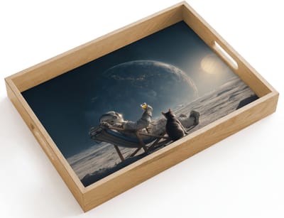 Dienblad hout 40x30 cm - Schootdienblad - Maan - Kat - Astronaut - Ruimte - Borrelplank rechthoek - Plateau dienbladen