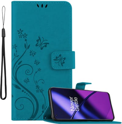 Cadorabo Hoesje geschikt voor OnePlus 11 5G in BLOEMEN BLAUW - Beschermhoes in bloemmotief met magnetische sluiting, standfunctie en kaartsleuven Book Case Cover Etui
