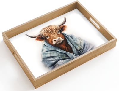 Dienblad hout 40x30 cm - Schootdienblad - Schotse hooglander - Deken - Wit - Borrelplank rechthoek - Plateau dienbladen